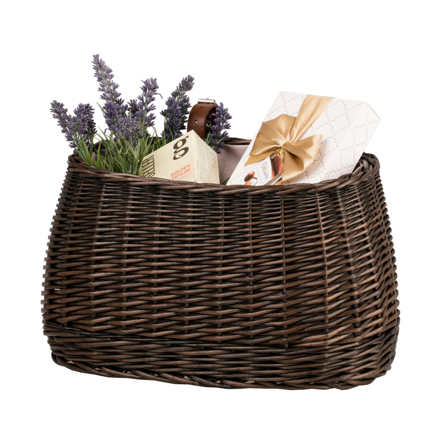 Marone wiklinowy koszyczek rowerowy z różowym obszyciem i paskami TheWickerStories