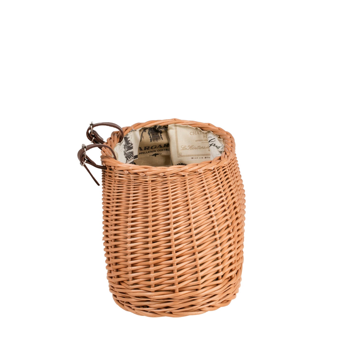 Marone wiklinowy koszyczek rowerowy z beżowym obszyciem i paskami TheWickerStories