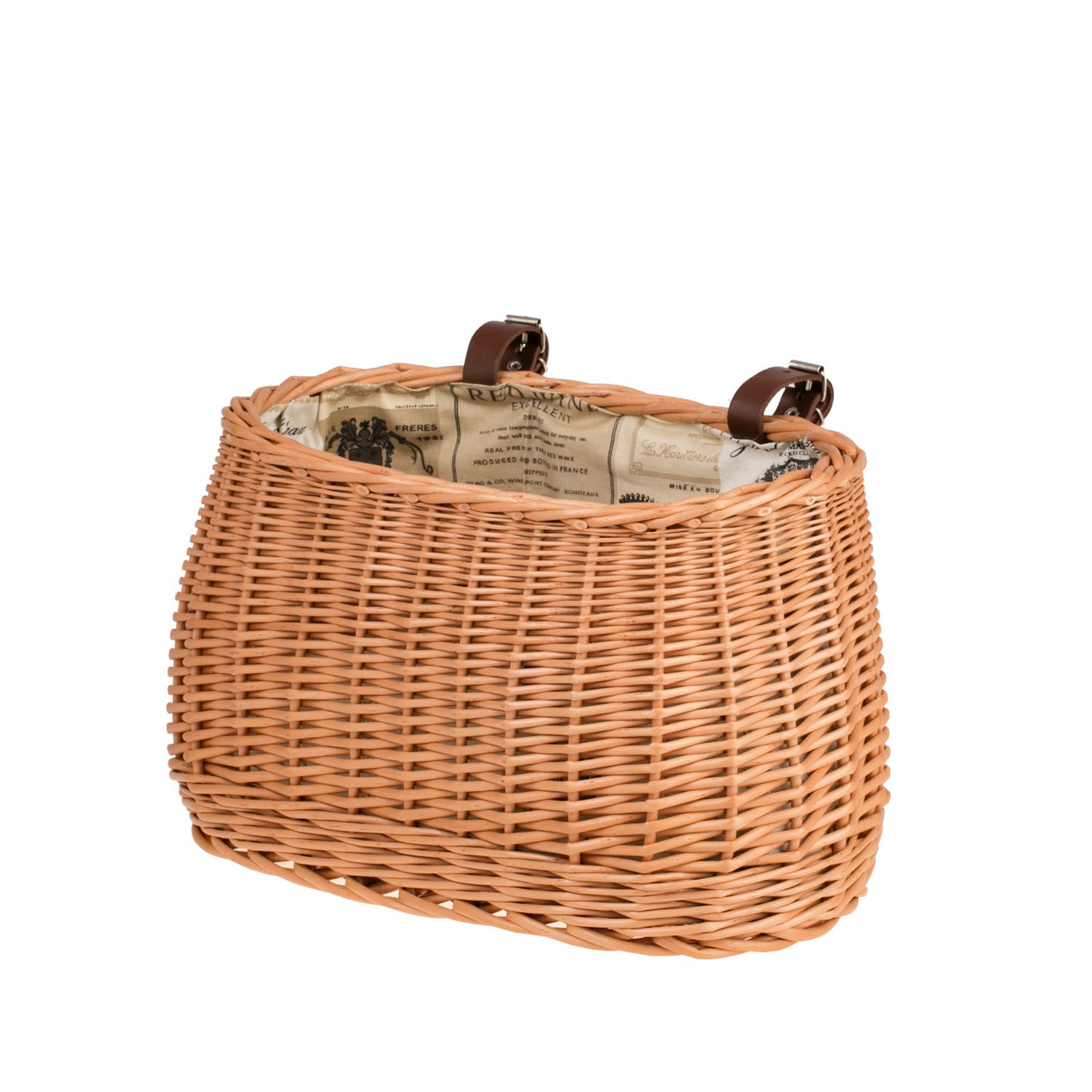 Marone wiklinowy koszyczek rowerowy z beżowym obszyciem i paskami TheWickerStories