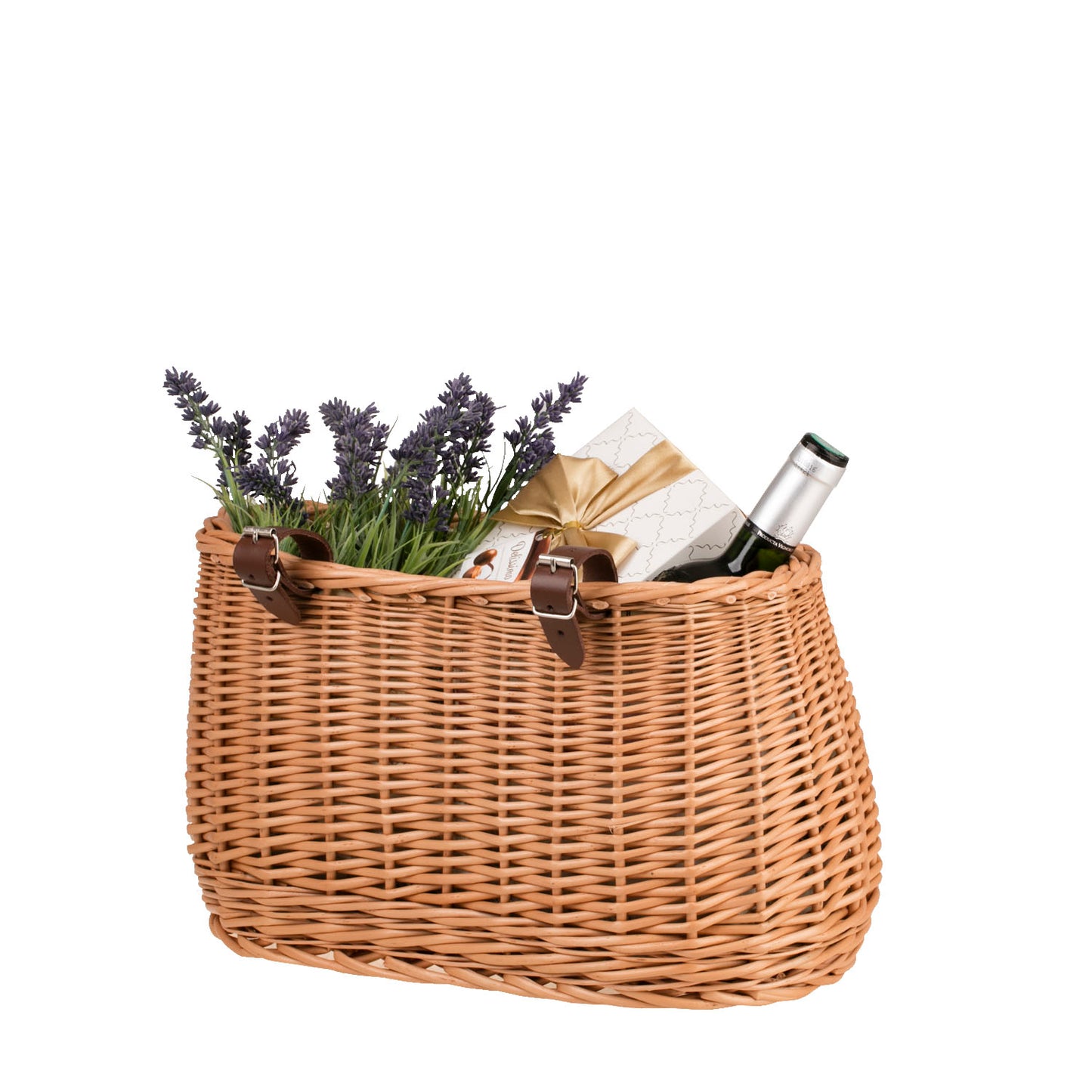 Marone wiklinowy koszyczek rowerowy z beżowym obszyciem i paskami TheWickerStories