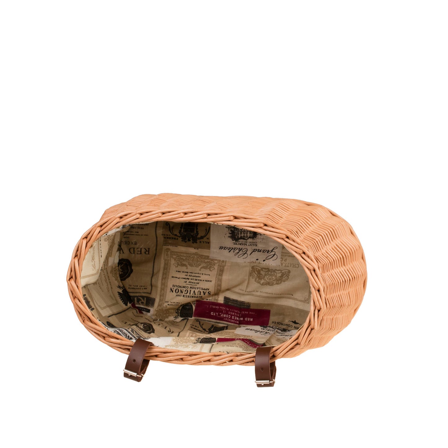 Marone wiklinowy koszyczek rowerowy z beżowym obszyciem i paskami TheWickerStories