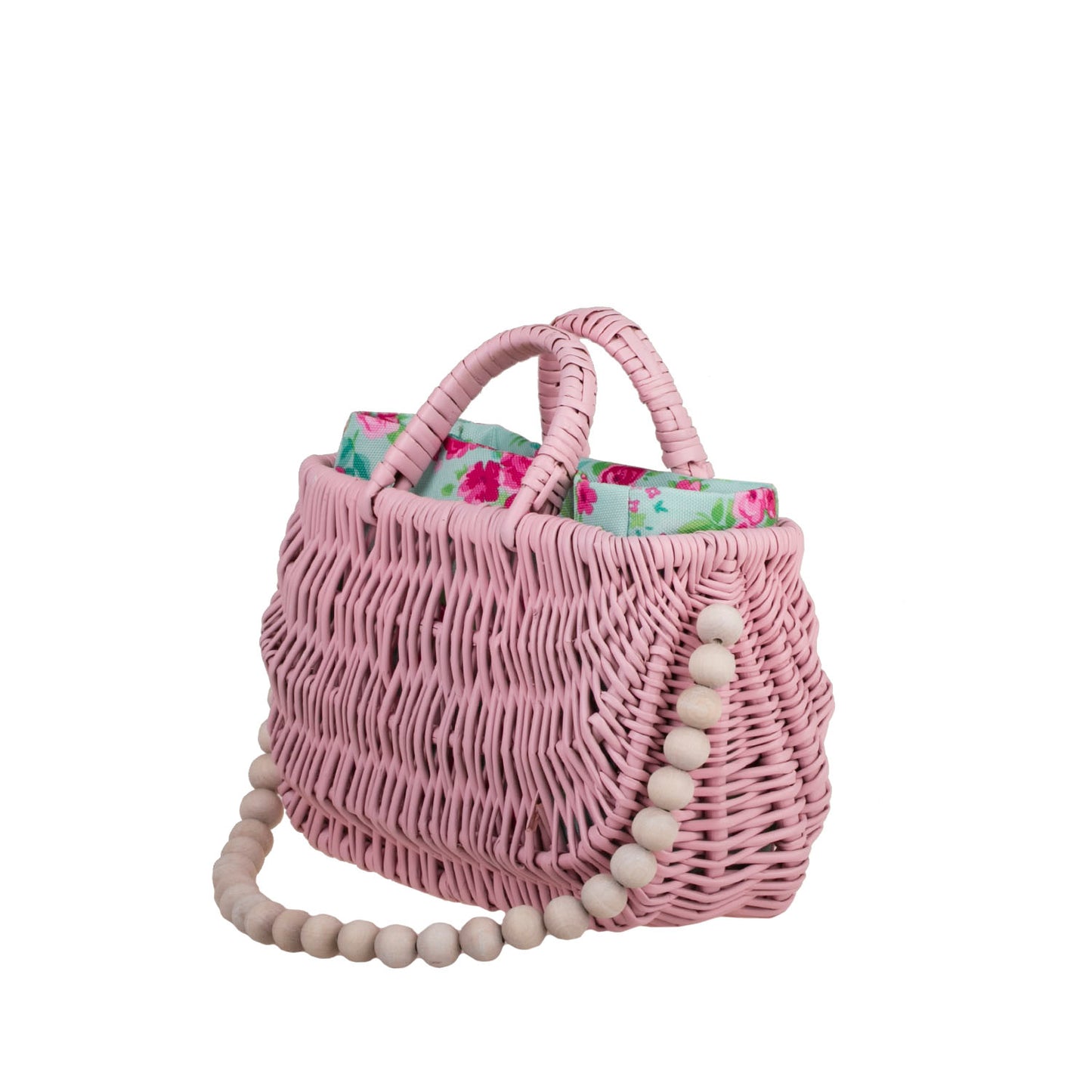 Werlissa wiklinowy koszyk-torebka damska z miętowym obszyciem, z rączką i ozdobnymi koralikami TheWickerStories