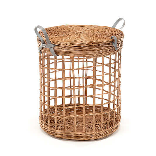 Minoria wiklinowy kosz do przechowywania z pokrywą i skórzanymi uchwytami TheWickerStories