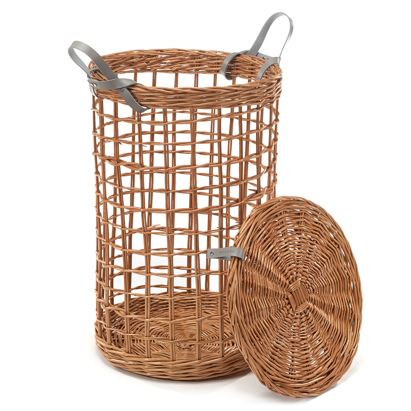 Minoria wiklinowy kosz do przechowywania z pokrywą i skórzanymi uchwytami TheWickerStories