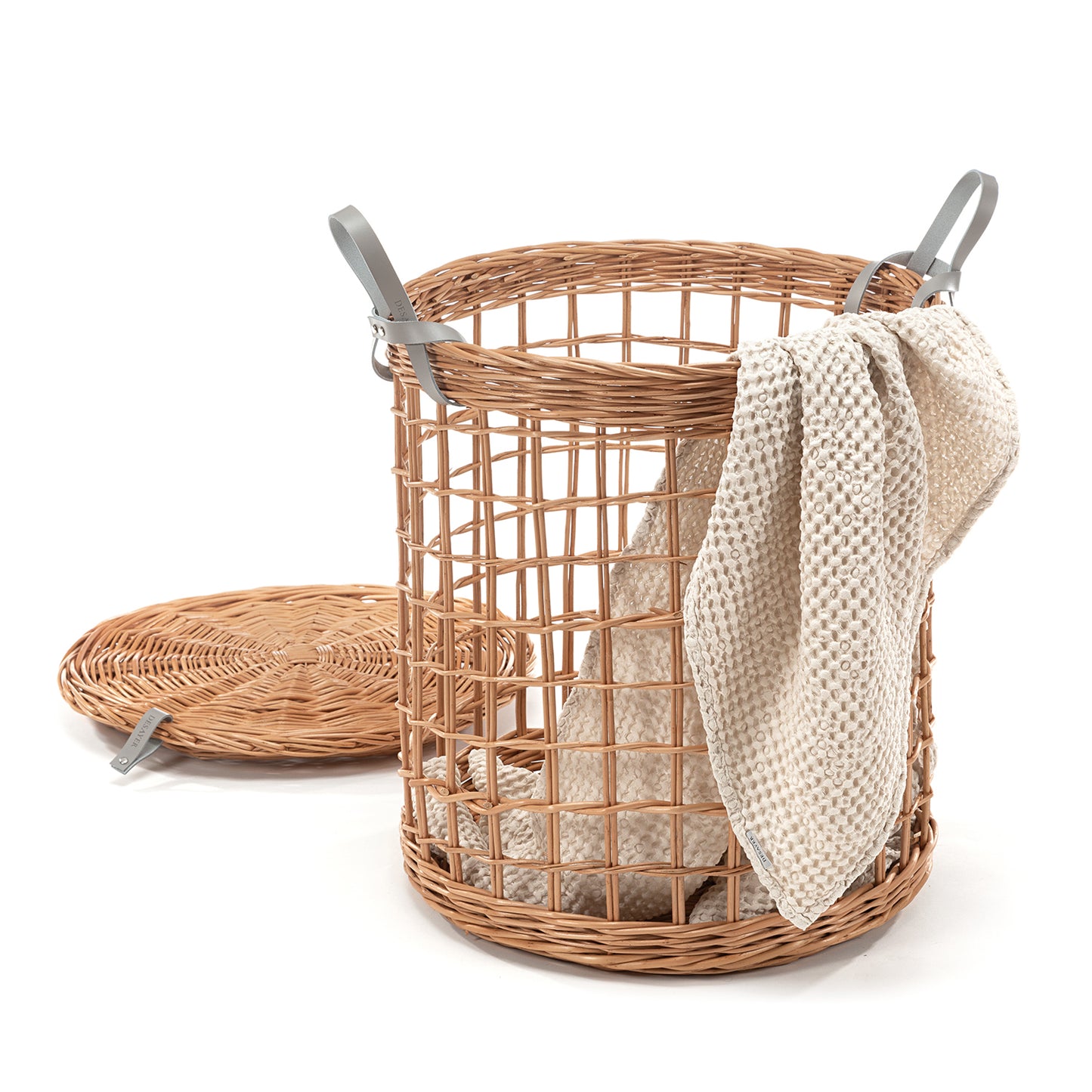 Minoria wiklinowy kosz do przechowywania z pokrywą i skórzanymi uchwytami TheWickerStories