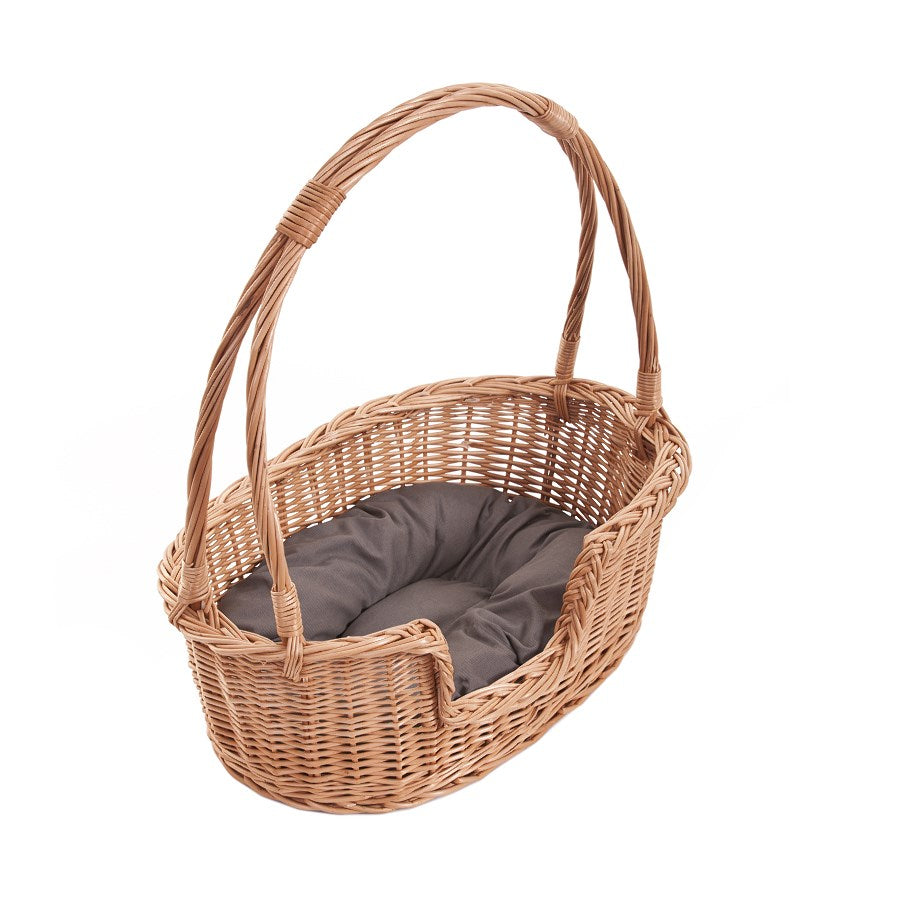 Esmira wiklinowy kosz legowisko dla psa i kota z rączką, z szarą poduszką TheWickerStories