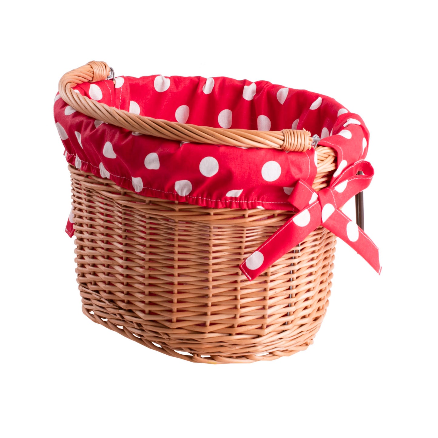 Magnus wiklinowy kosz na rower z czerwonym obszyciem, z rączką i hakami TheWickerStories