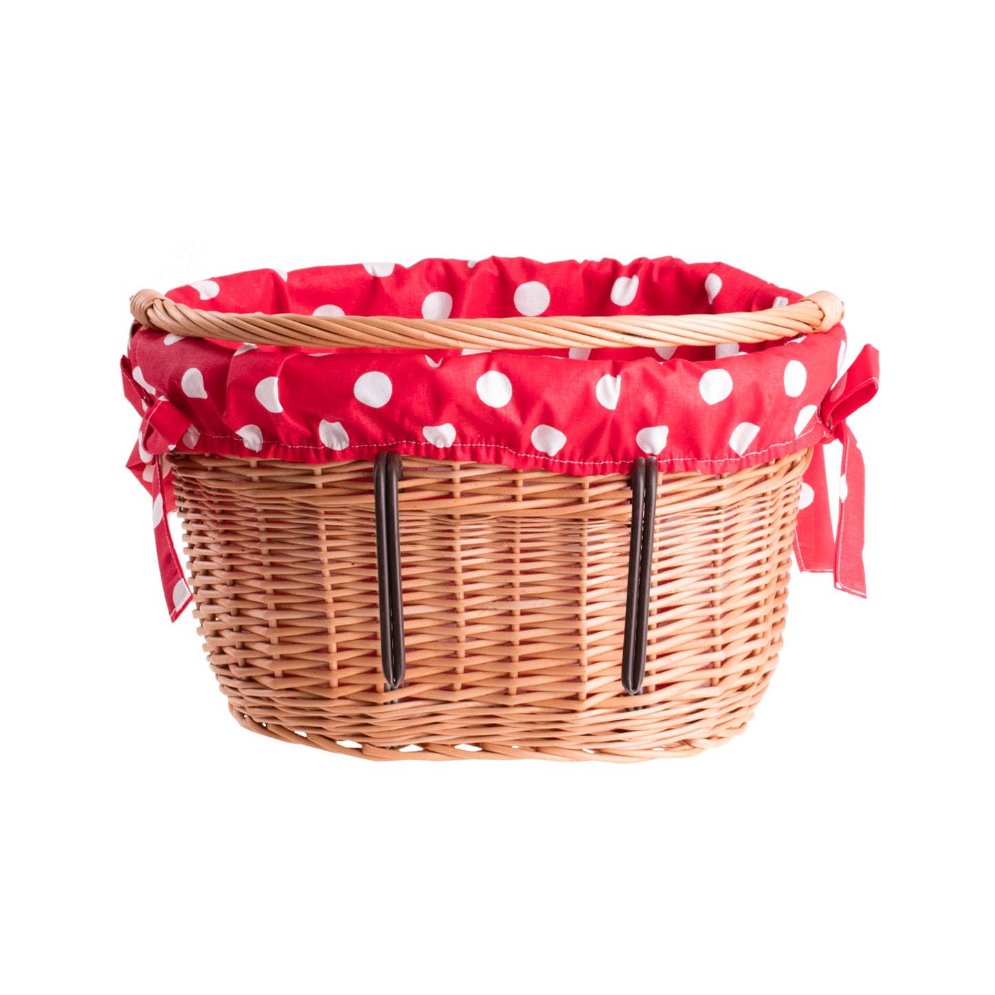 Magnus wiklinowy kosz na rower z czerwonym obszyciem, z rączką i hakami TheWickerStories