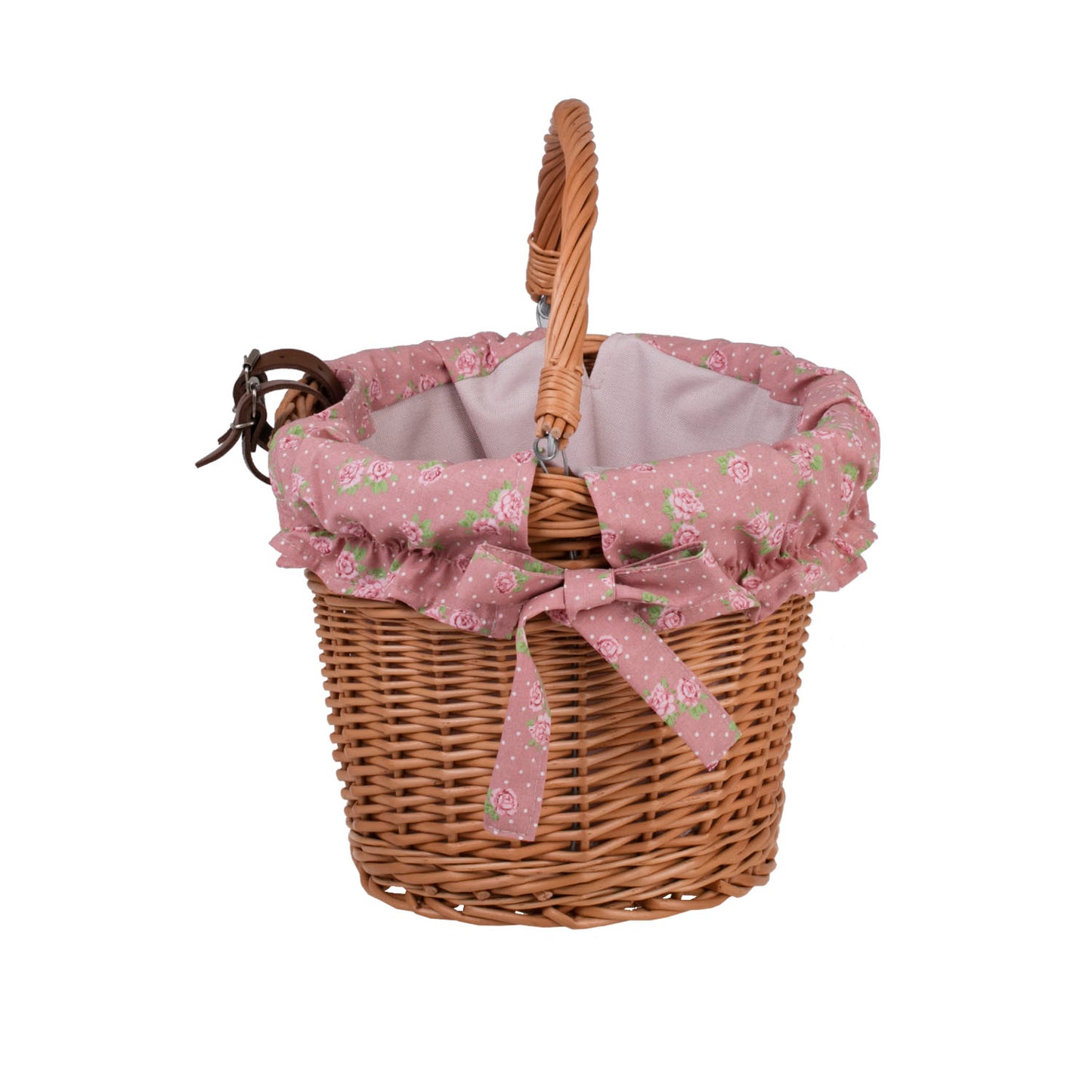 Magnus wiklinowy kosz na rower z różowym obszyciem, z rączką i paskami do kierownicy TheWickerStories