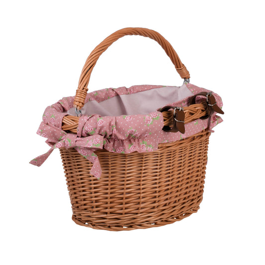 Magnus wiklinowy kosz na rower z różowym obszyciem, z rączką i paskami do kierownicy TheWickerStories