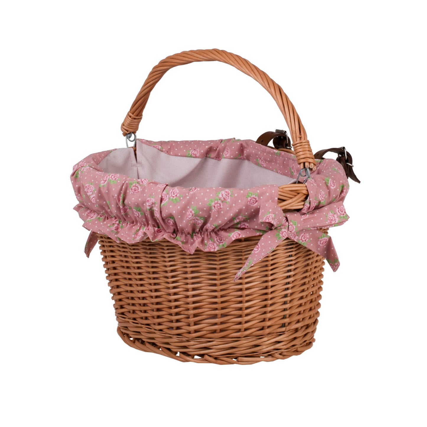 Magnus wiklinowy kosz na rower z różowym obszyciem, z rączką i paskami do kierownicy TheWickerStories