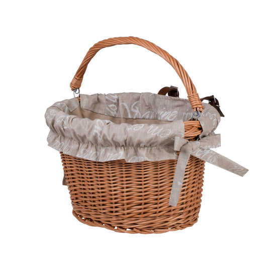 Magnus wiklinowy kosz na rower z beżowym obszyciem, z rączką i mocowaniem na kierownicę TheWickerStories