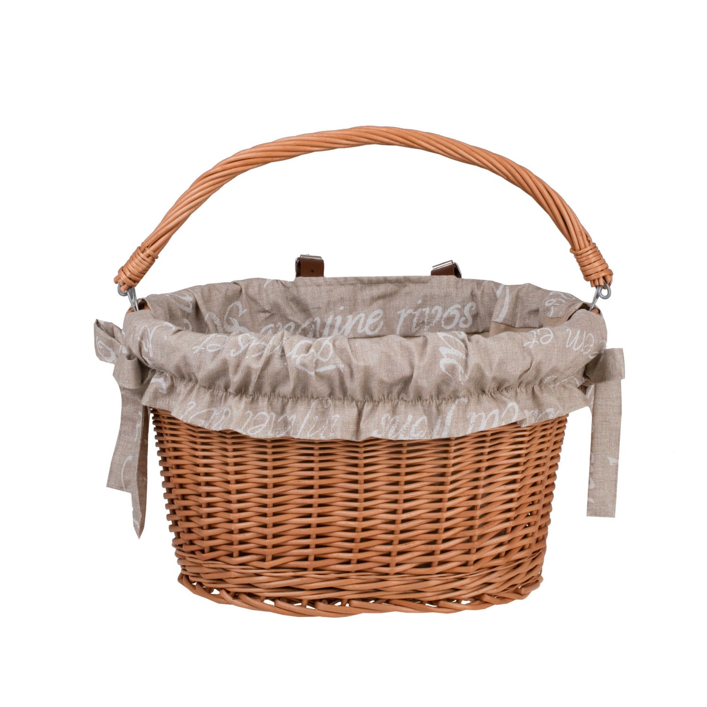 Magnus wiklinowy kosz na rower z beżowym obszyciem, z rączką i mocowaniem na kierownicę TheWickerStories