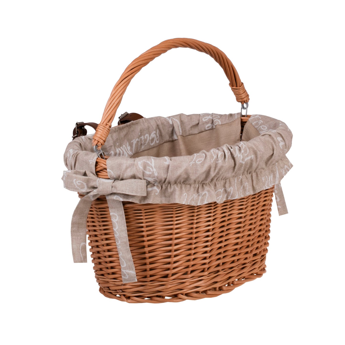 Magnus wiklinowy kosz na rower z beżowym obszyciem, z rączką i mocowaniem na kierownicę TheWickerStories