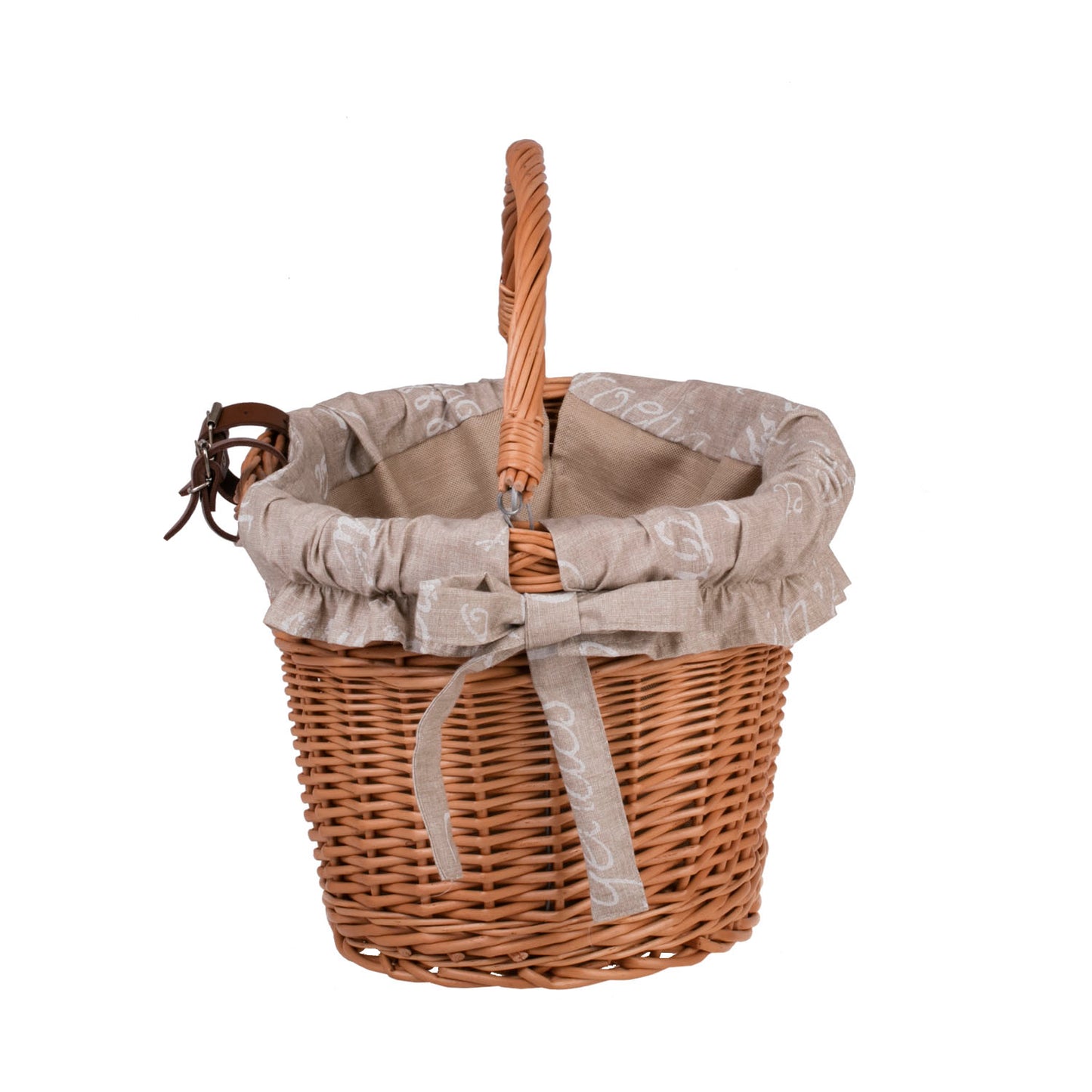Magnus wiklinowy kosz na rower z beżowym obszyciem, z rączką i mocowaniem na kierownicę TheWickerStories