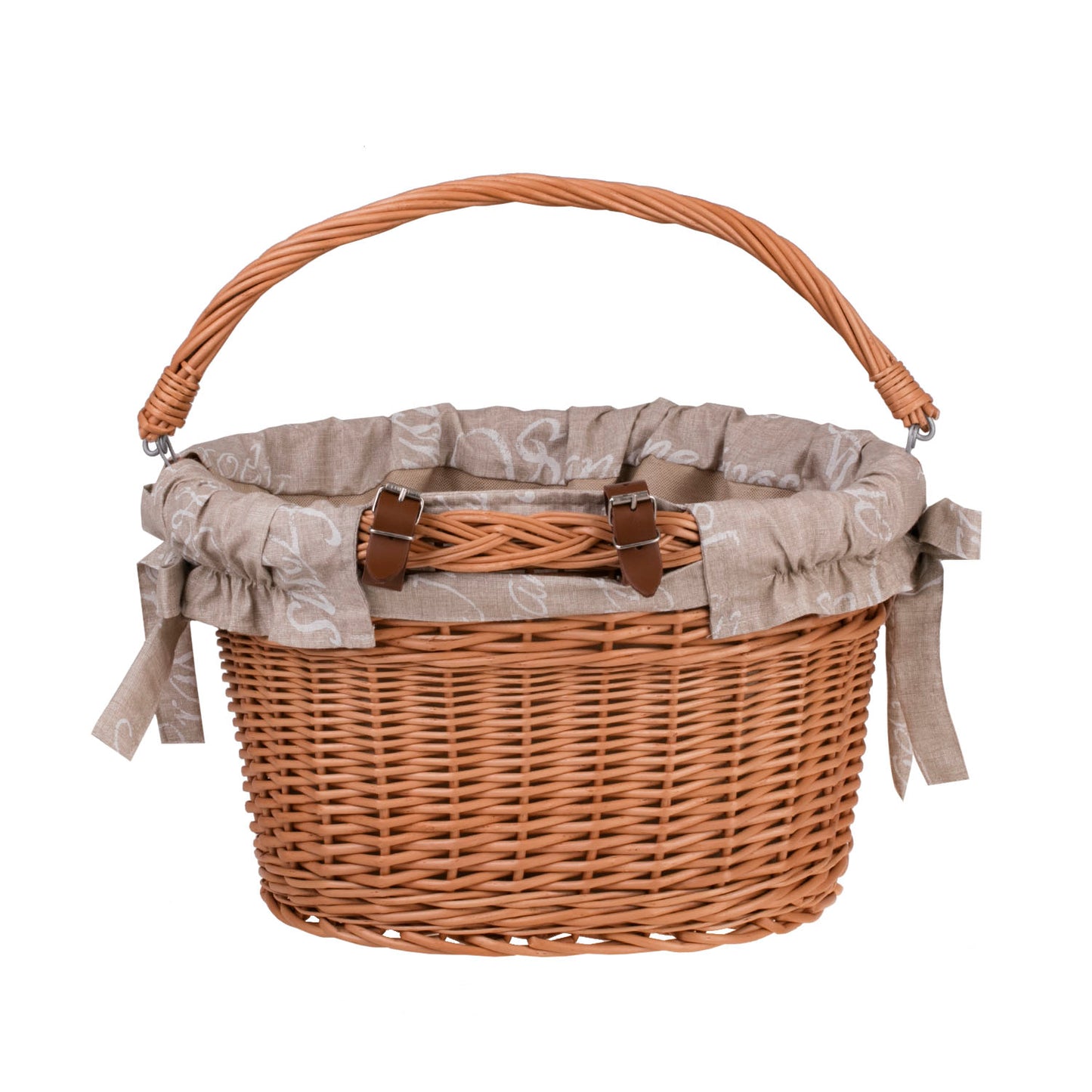 Magnus wiklinowy kosz na rower z beżowym obszyciem, z rączką i mocowaniem na kierownicę TheWickerStories