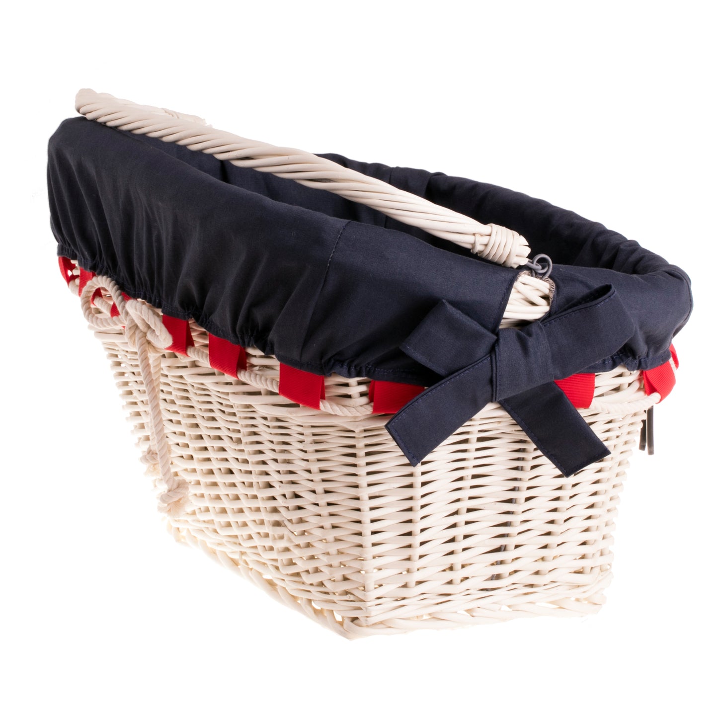 Magnus wiklinowy kosz na rower z granatowym obszyciem, z rączką i kokardami TheWickerStories