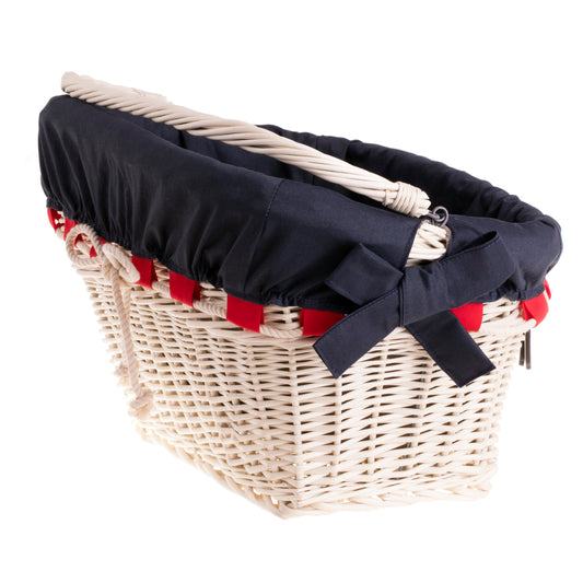 Magnus wiklinowy kosz na rower z granatowym obszyciem, z rączką i kokardami TheWickerStories