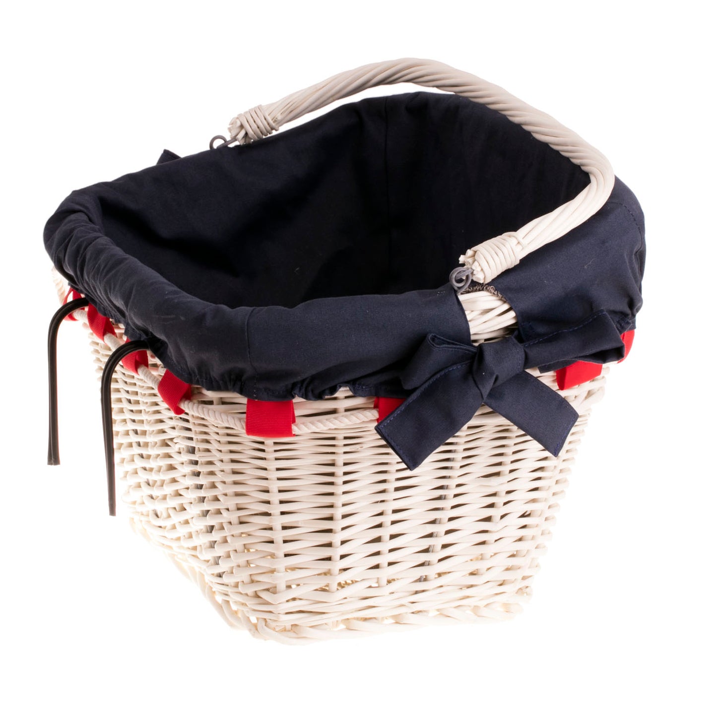 Magnus wiklinowy kosz na rower z granatowym obszyciem, z rączką i kokardami TheWickerStories