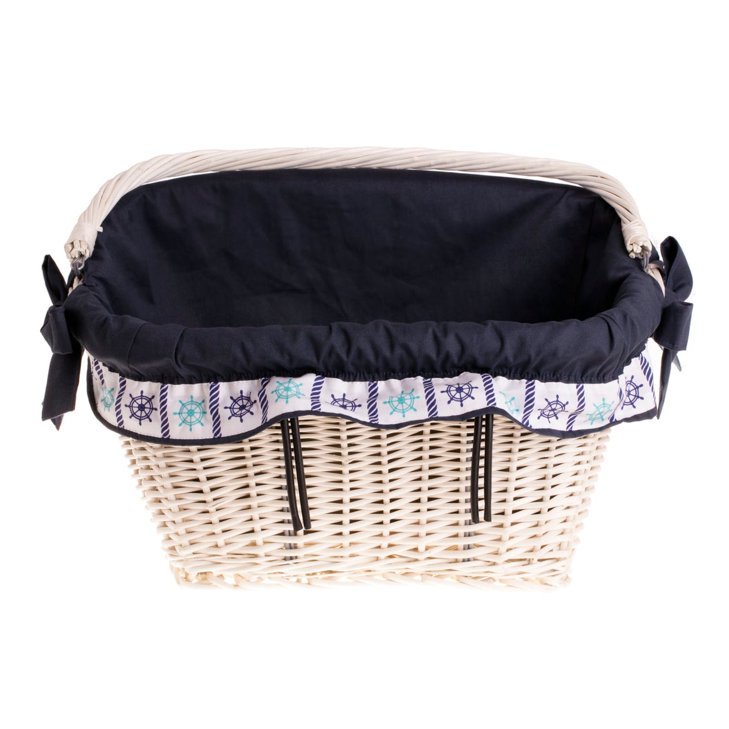 Magnus wiklinowy kosz na rower na kierownicę z granatowym obszyciem i rączką TheWickerStories