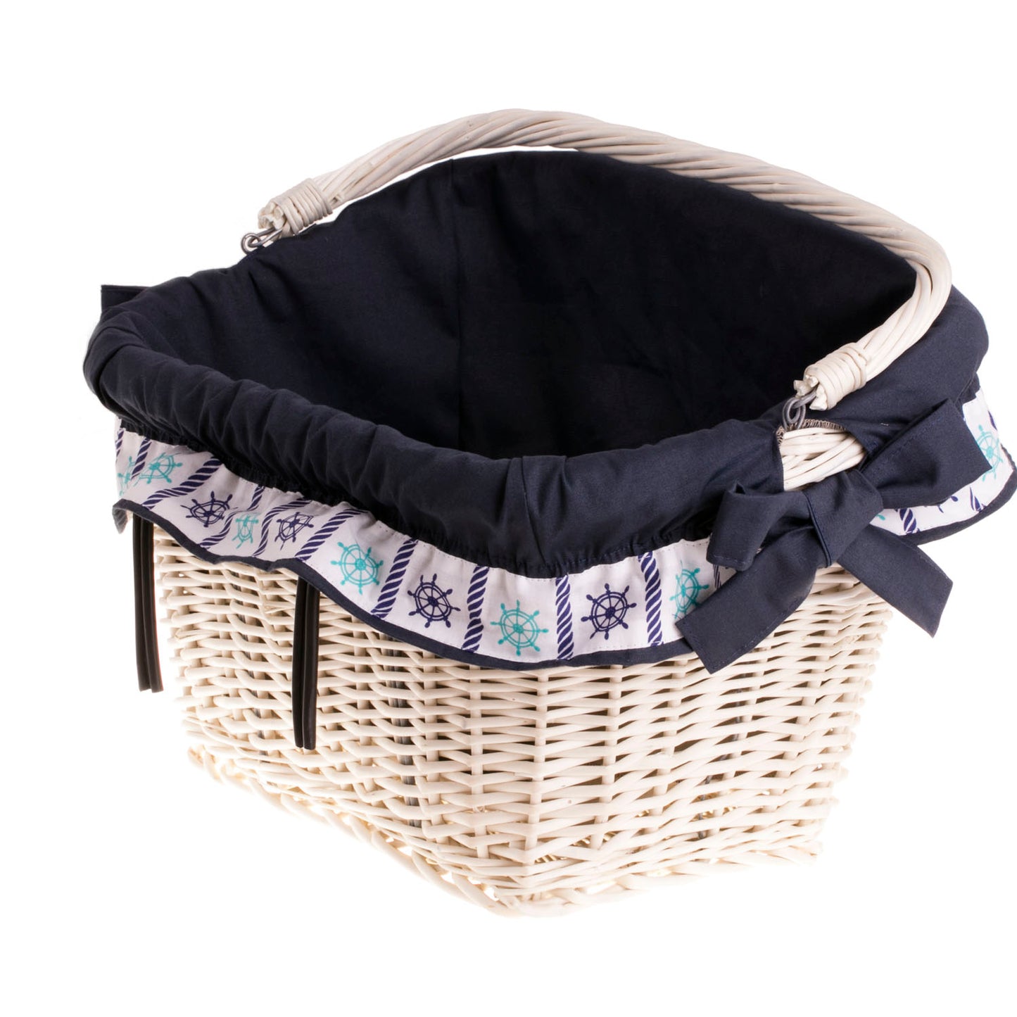 Magnus wiklinowy kosz na rower na kierownicę z granatowym obszyciem i rączką TheWickerStories