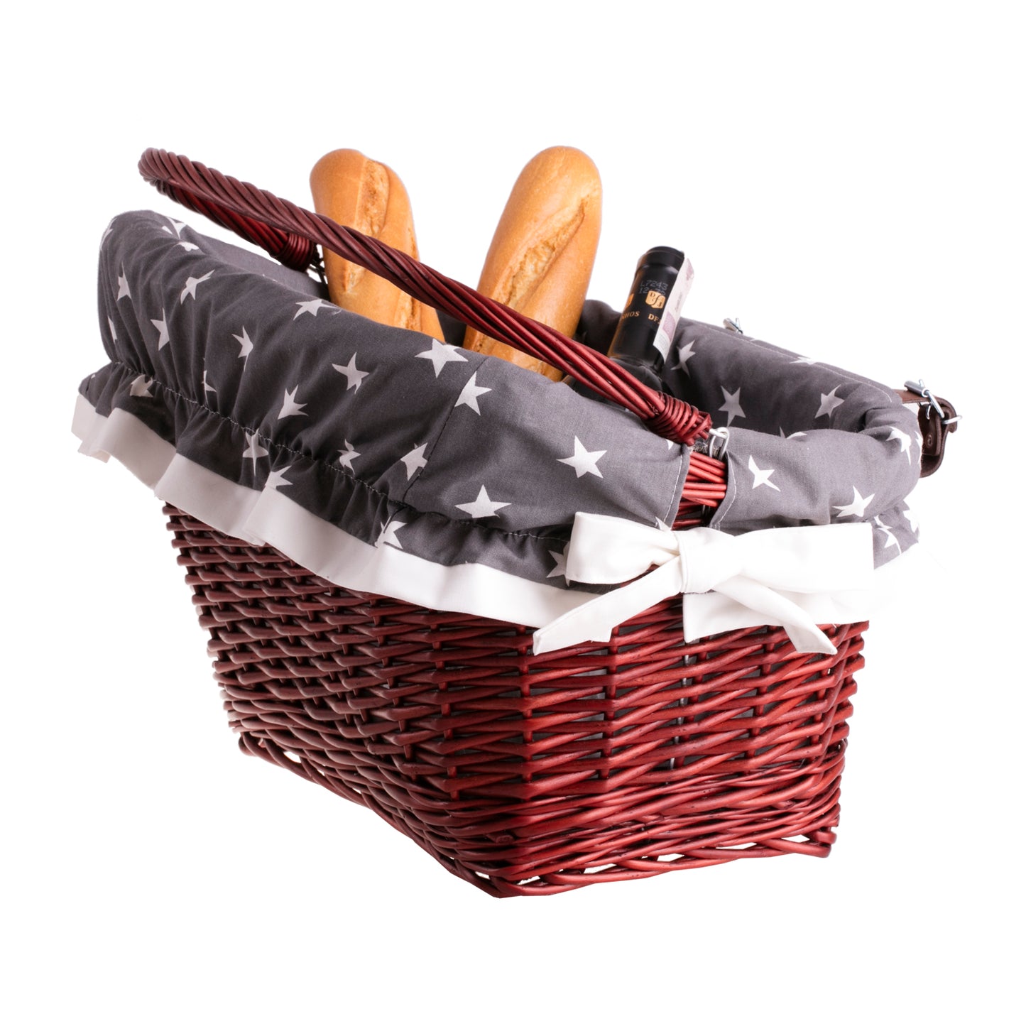 Magnus wiklinowy kosz na rower z szarym obszyciem, z rączką i paskami TheWickerStories