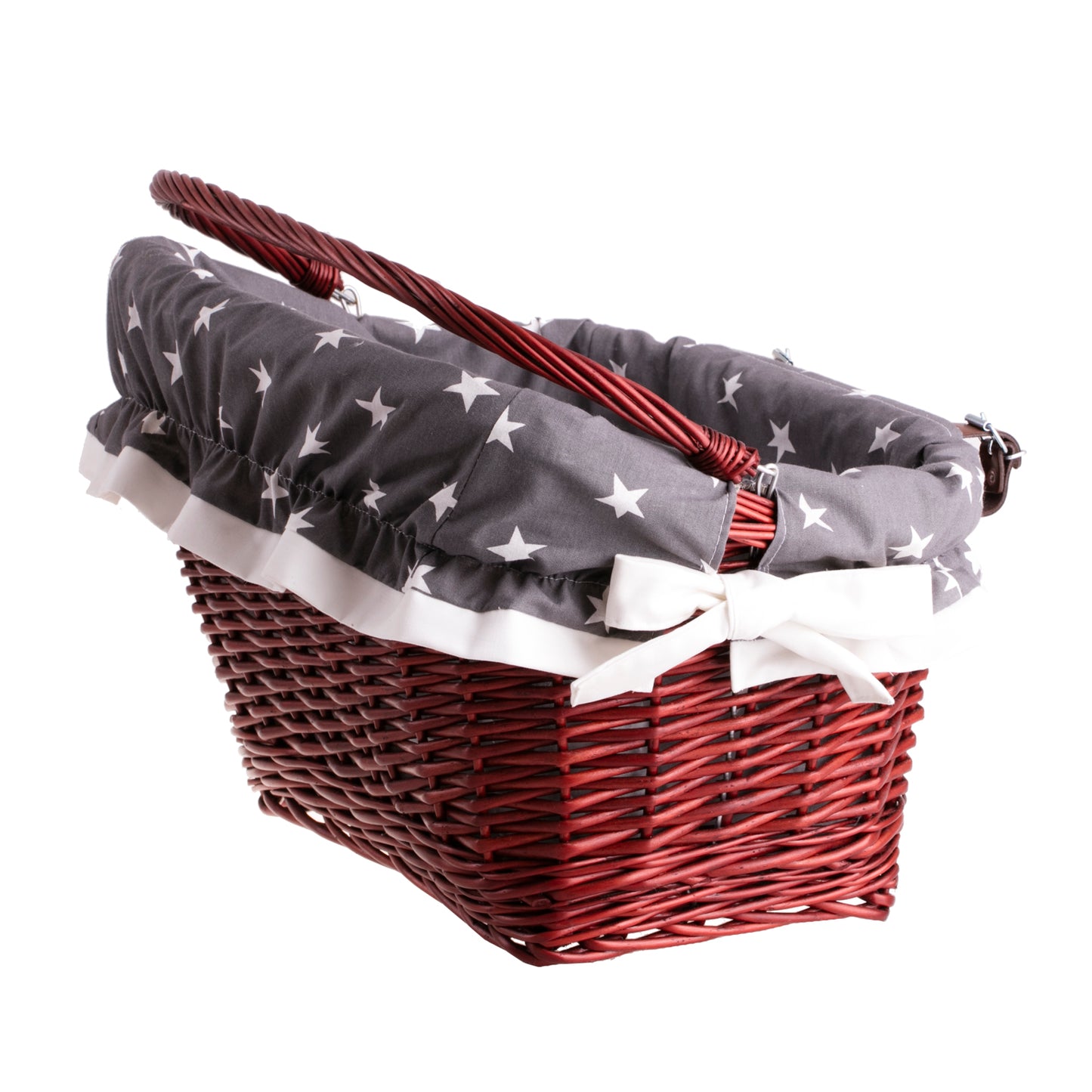 Magnus wiklinowy kosz na rower z szarym obszyciem, z rączką i paskami TheWickerStories