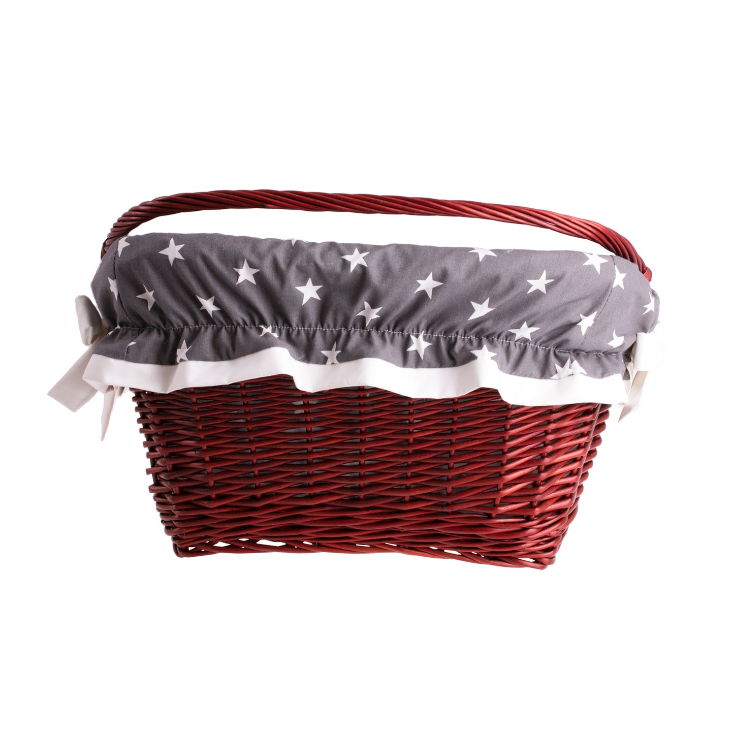 Magnus wiklinowy kosz na rower z szarym obszyciem, z rączką i paskami TheWickerStories