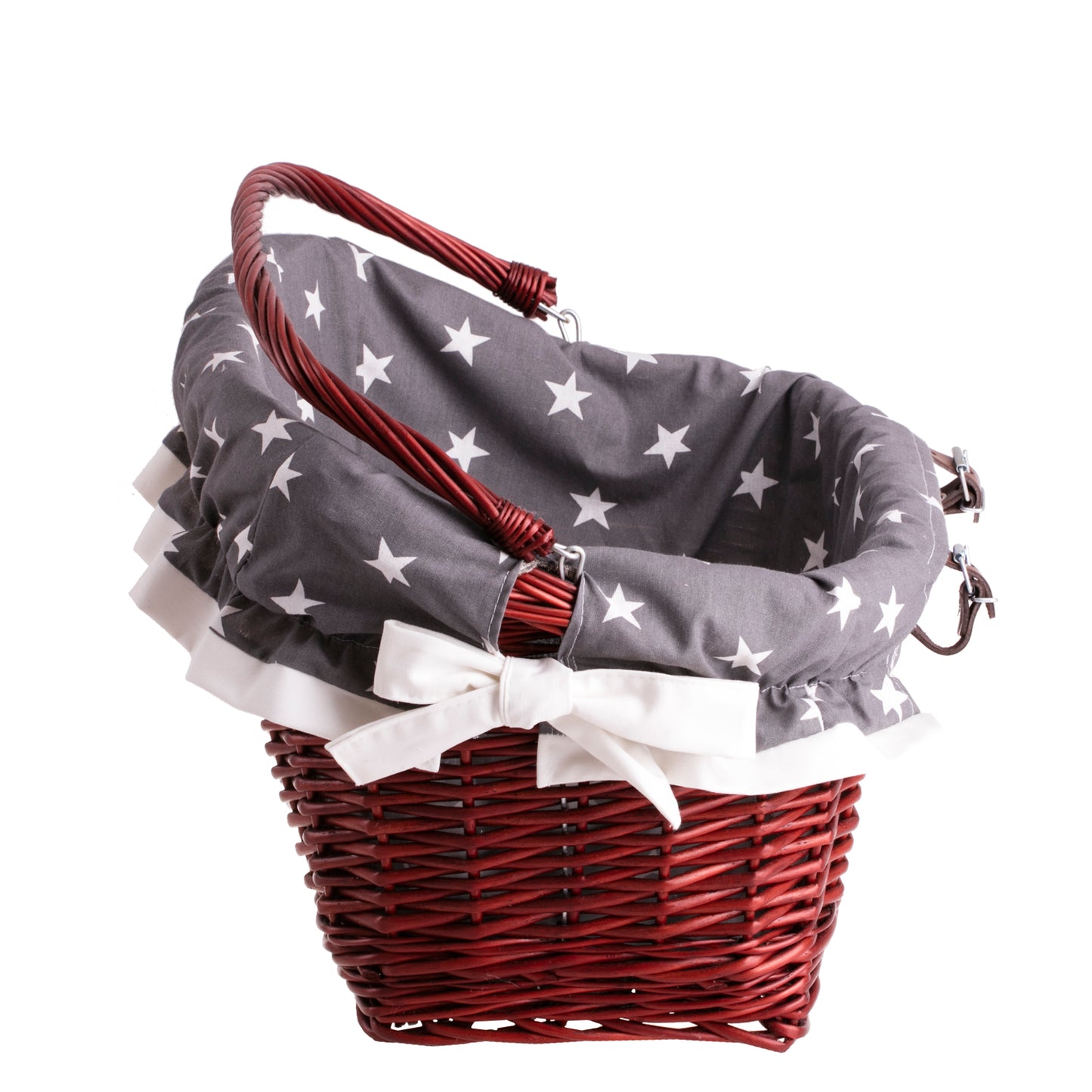 Magnus wiklinowy kosz na rower z szarym obszyciem, z rączką i paskami TheWickerStories