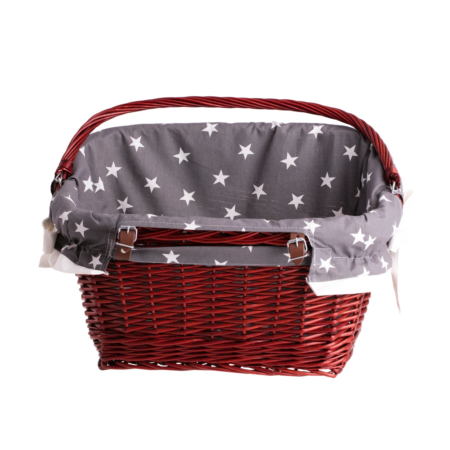 Magnus wiklinowy kosz na rower z szarym obszyciem, z rączką i paskami TheWickerStories