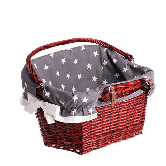 Magnus wiklinowy kosz na rower z szarym obszyciem, z rączką i paskami TheWickerStories