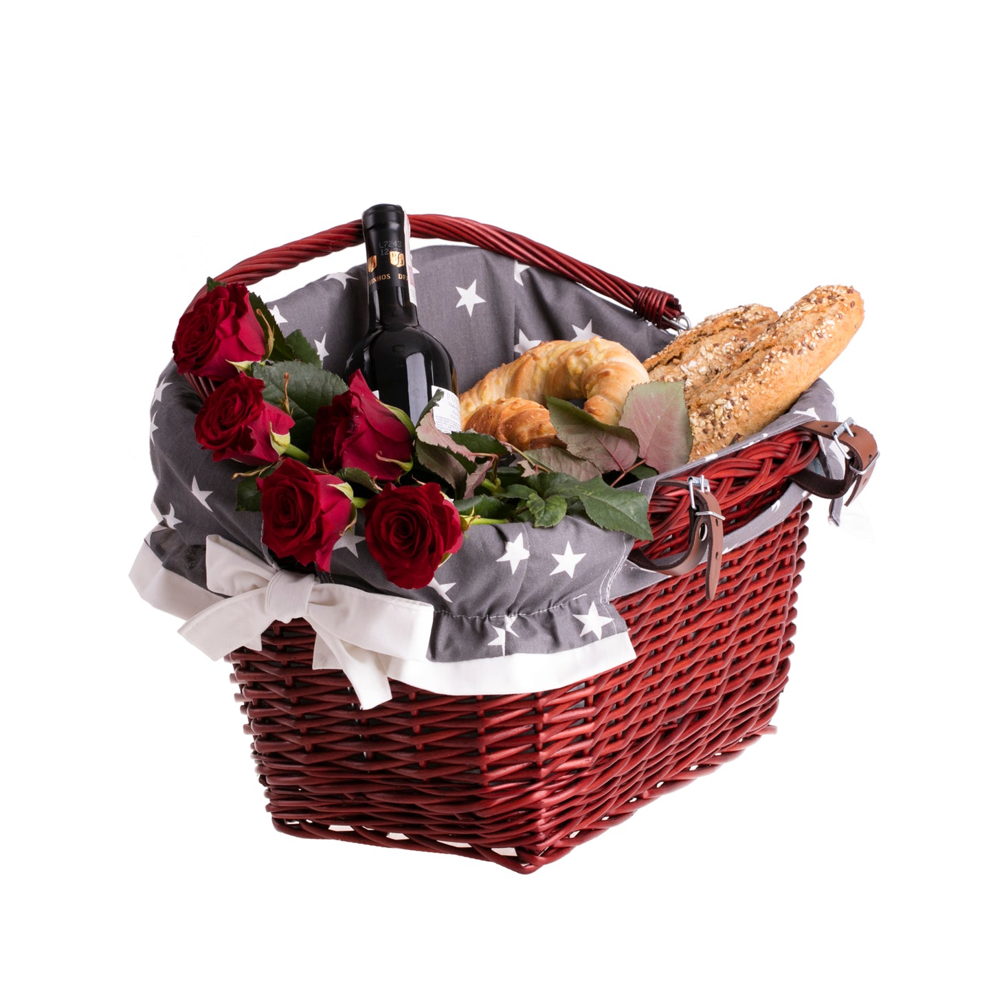 Magnus wiklinowy kosz na rower z szarym obszyciem, z rączką i paskami TheWickerStories