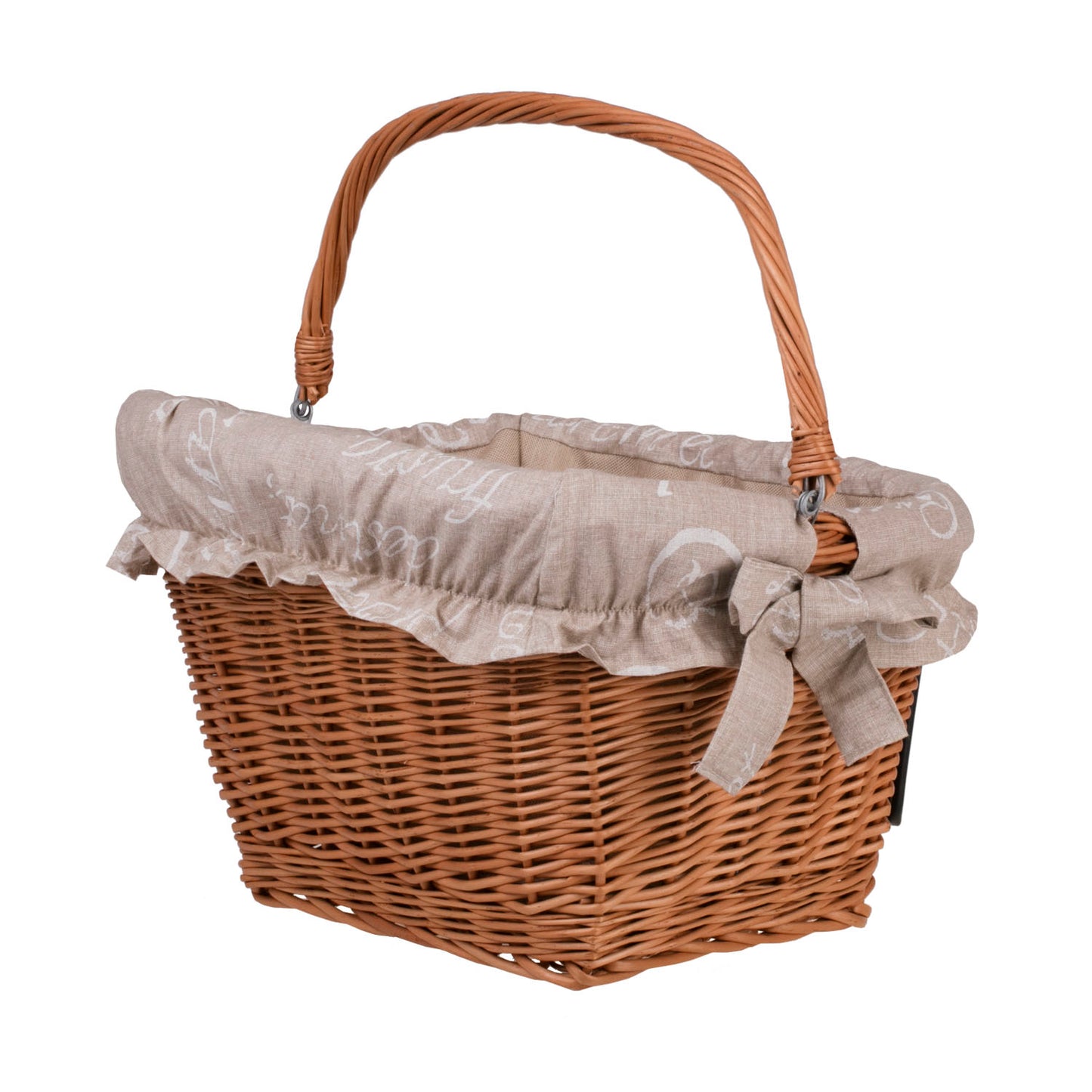 Magnus wiklinowy kosz na rower z beżowym obszyciem, z rączką i hakami TheWickerStories