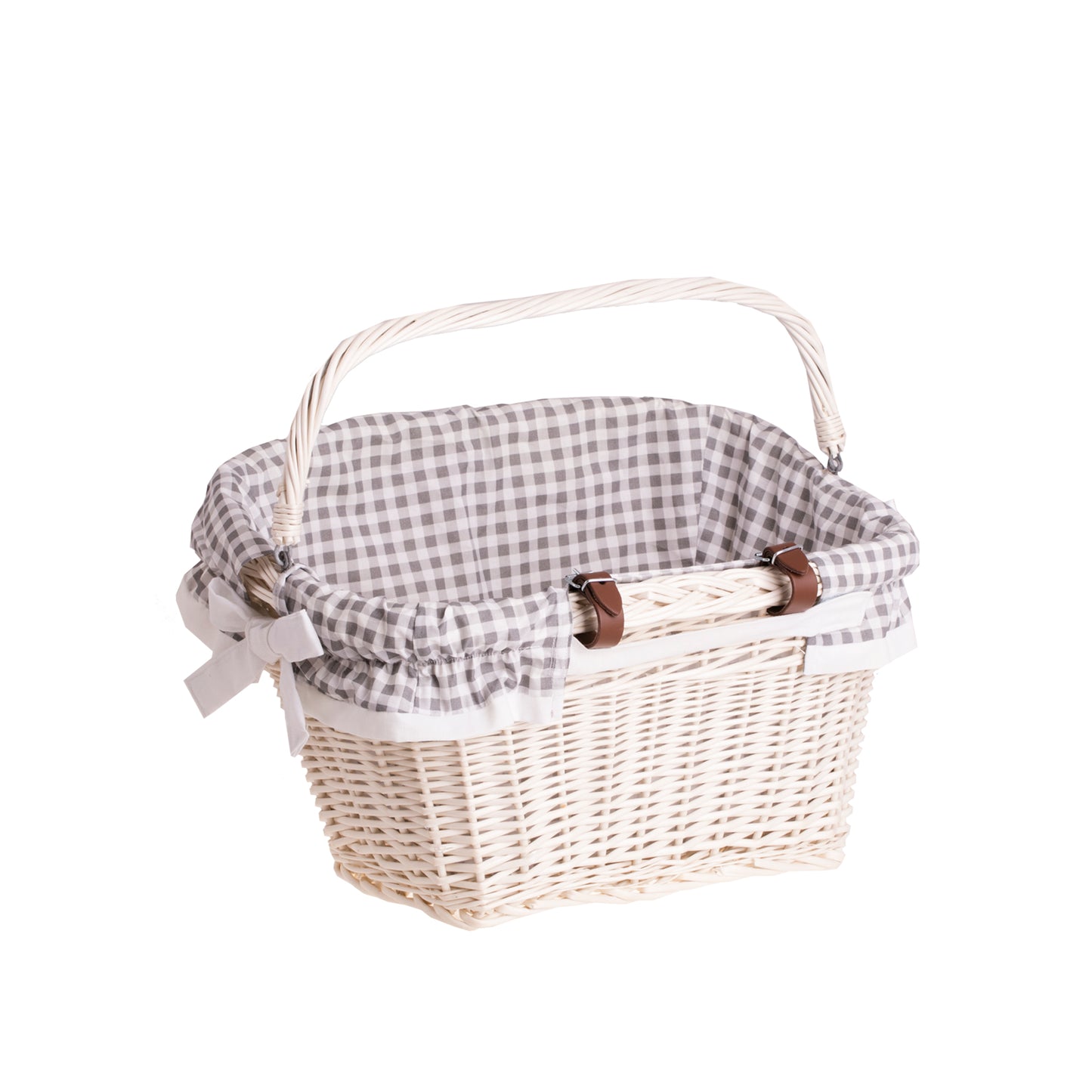 Magnus wiklinowy kosz na rower z szarym obszyciem, z rączką i skórzanymi paskami TheWickerStories