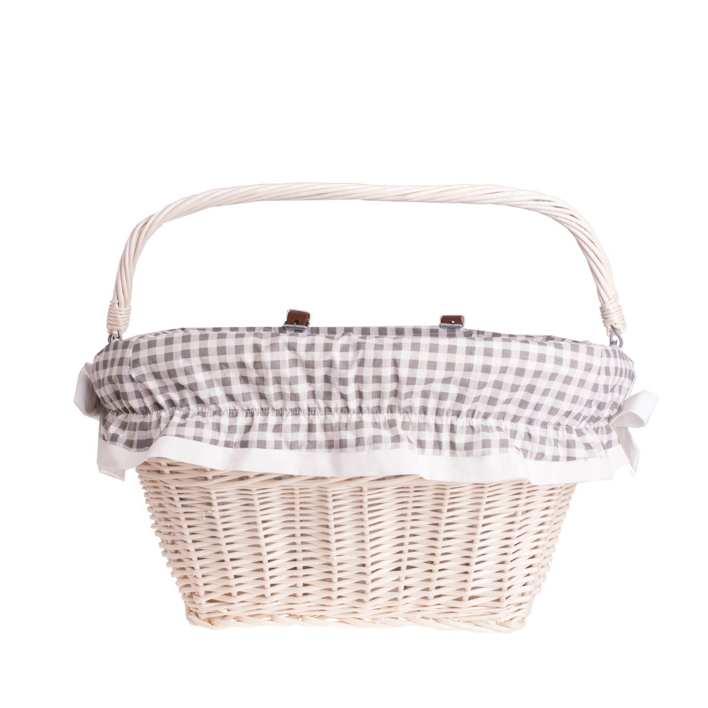 Magnus wiklinowy kosz na rower z szarym obszyciem, z rączką i skórzanymi paskami TheWickerStories