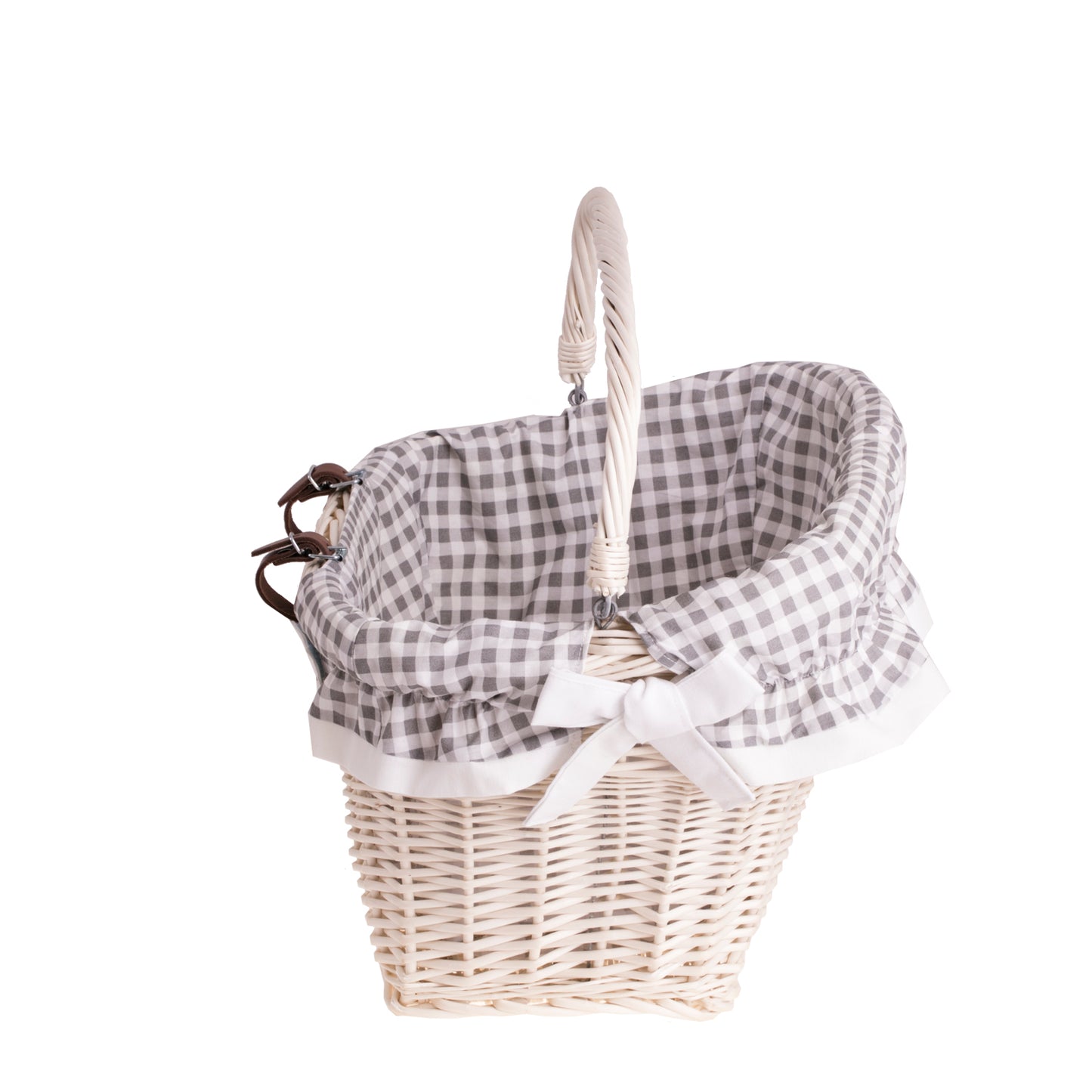 Magnus wiklinowy kosz na rower z szarym obszyciem, z rączką i skórzanymi paskami TheWickerStories