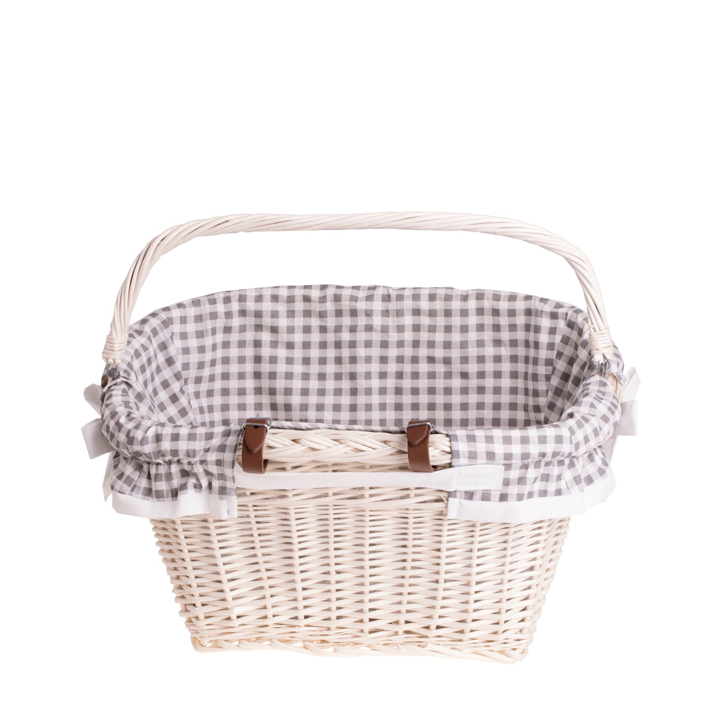 Magnus wiklinowy kosz na rower z szarym obszyciem, z rączką i skórzanymi paskami TheWickerStories