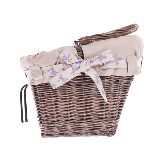 Marinus wiklinowy kosz na rower z beżowym obszyciem, z paskami mocującymi TheWickerStories