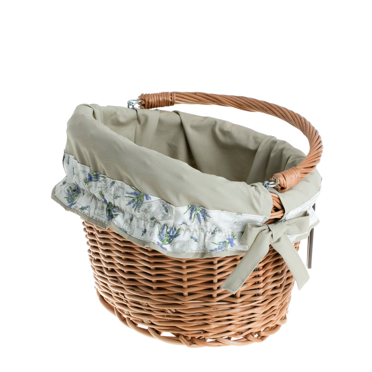 Maxian wiklinowy kosz na rower z beżowym obszyciem, z rączką i mocowaniem na kierownicę TheWickerStories