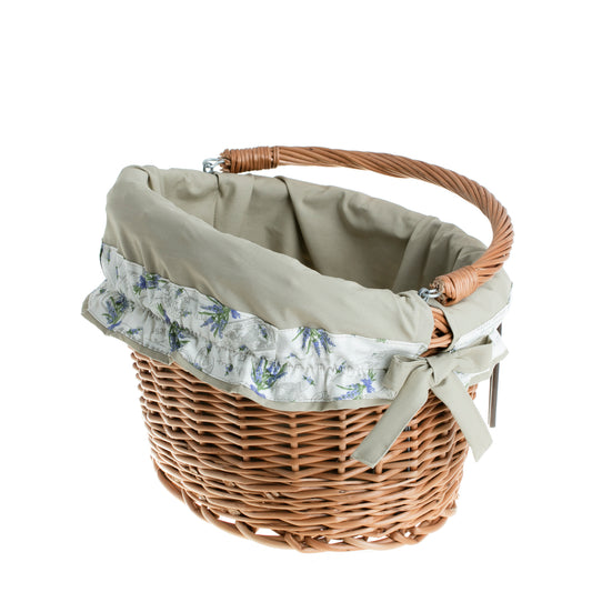 Maxian wiklinowy kosz na rower z beżowym obszyciem, z rączką i mocowaniem na kierownicę TheWickerStories