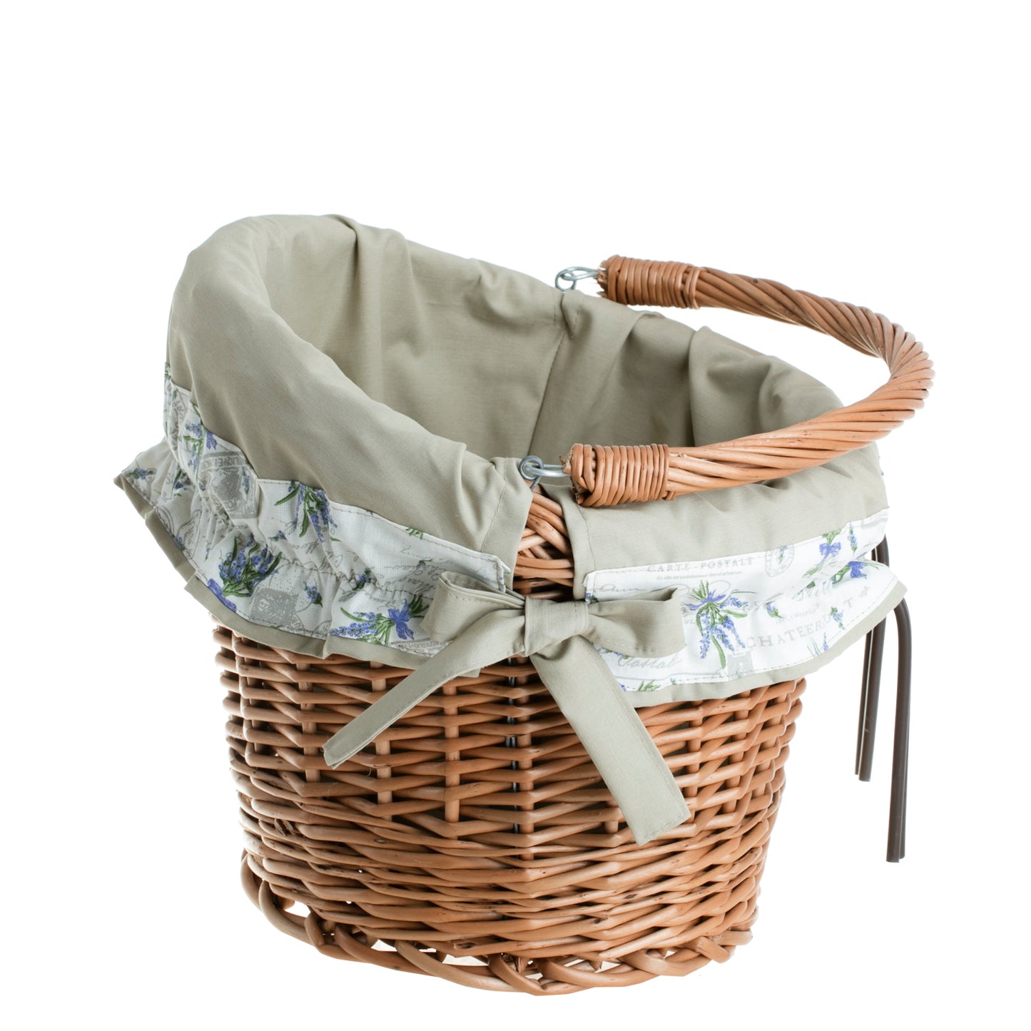 Maxian wiklinowy kosz na rower z beżowym obszyciem, z rączką i mocowaniem na kierownicę TheWickerStories