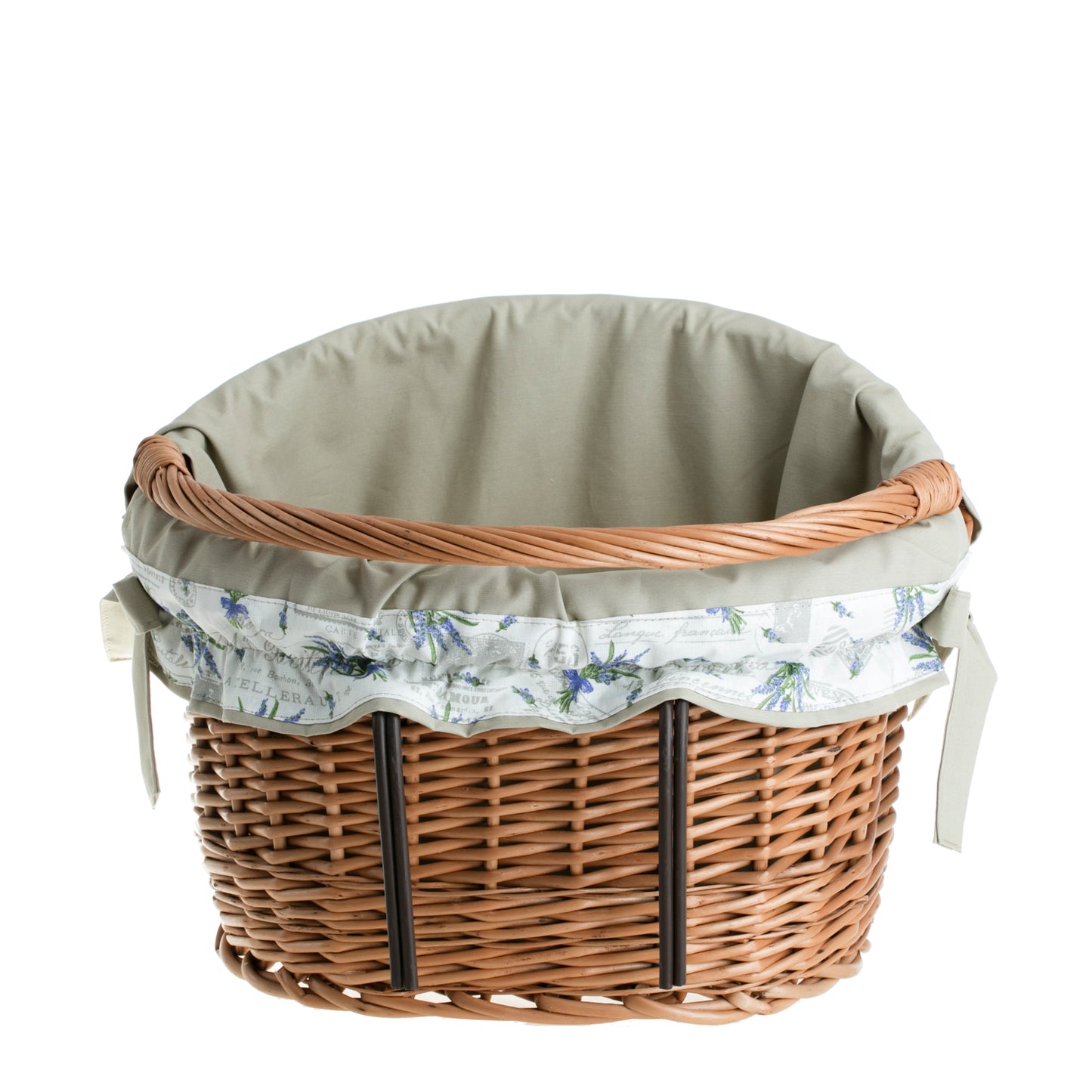 Maxian wiklinowy kosz na rower z beżowym obszyciem, z rączką i mocowaniem na kierownicę TheWickerStories