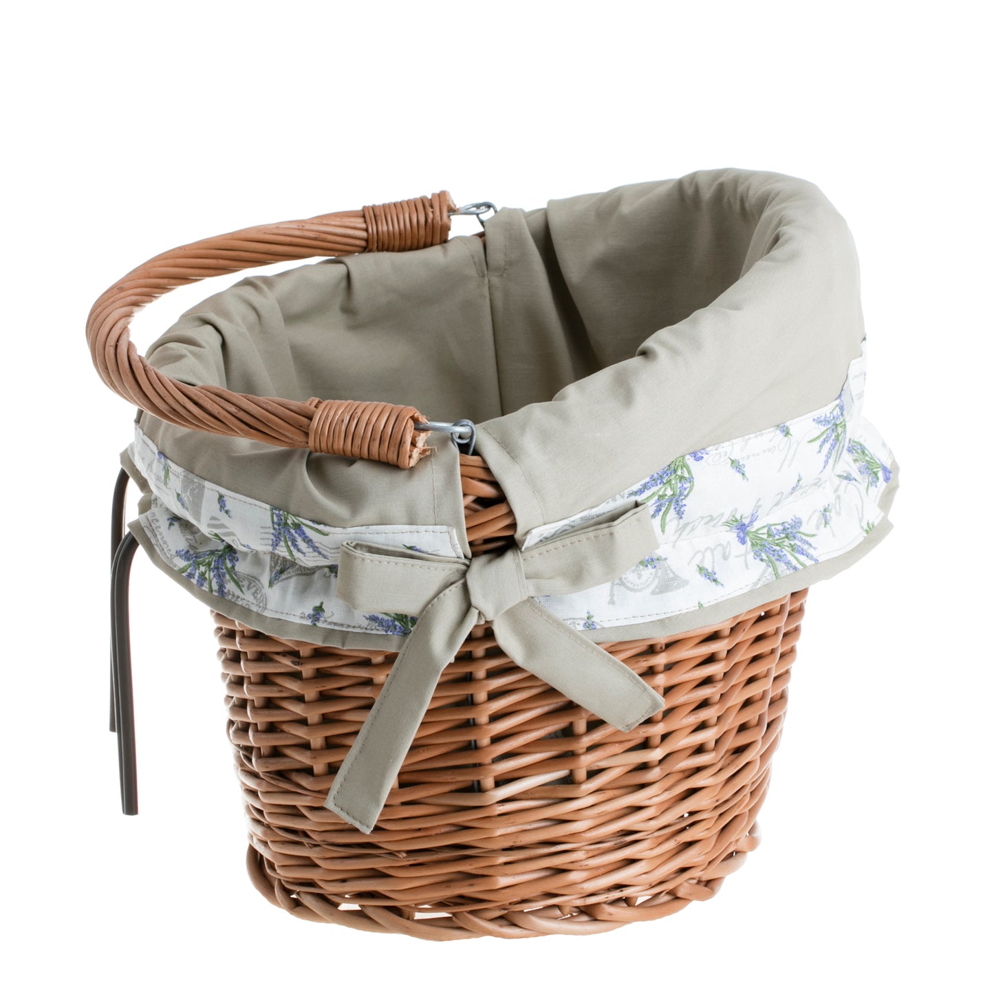 Maxian wiklinowy kosz na rower z beżowym obszyciem, z rączką i mocowaniem na kierownicę TheWickerStories