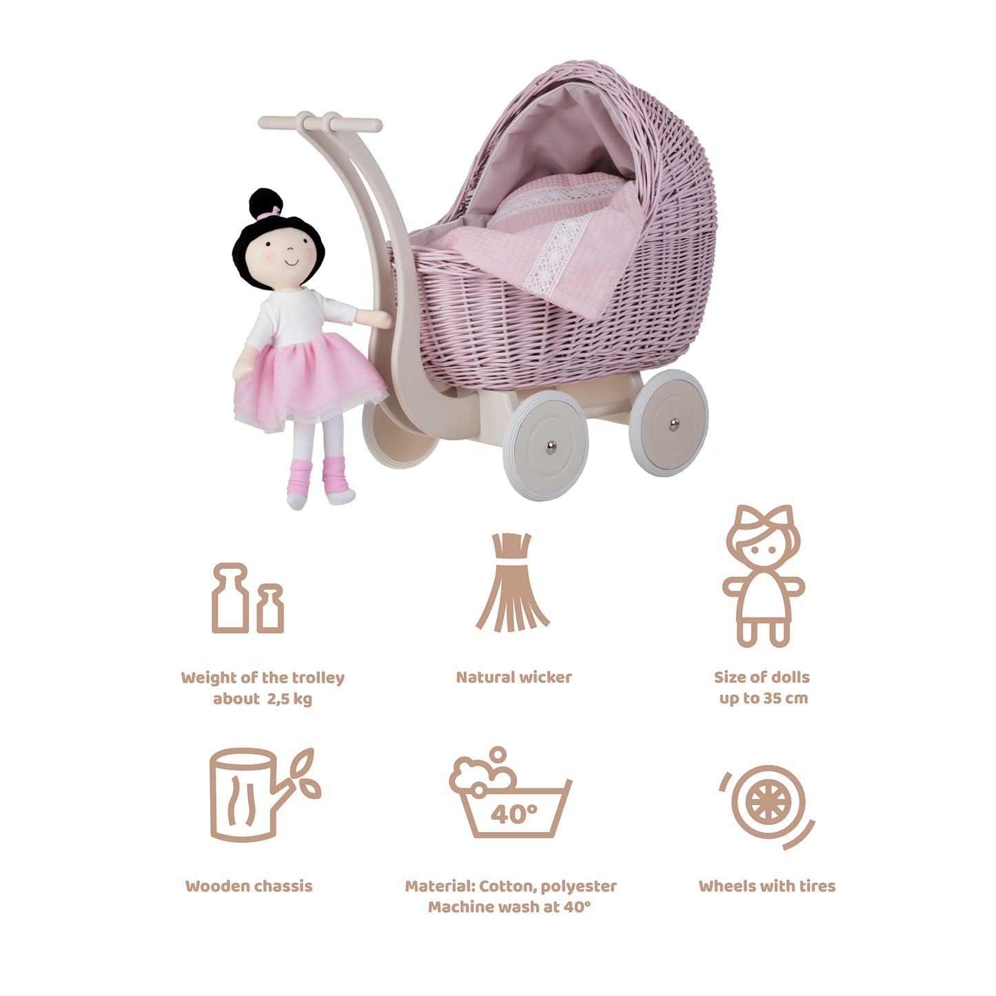 Lili wiklinowy wózek dla lalek z różowym obszyciem, kołderką i poduszką TheWickerStories