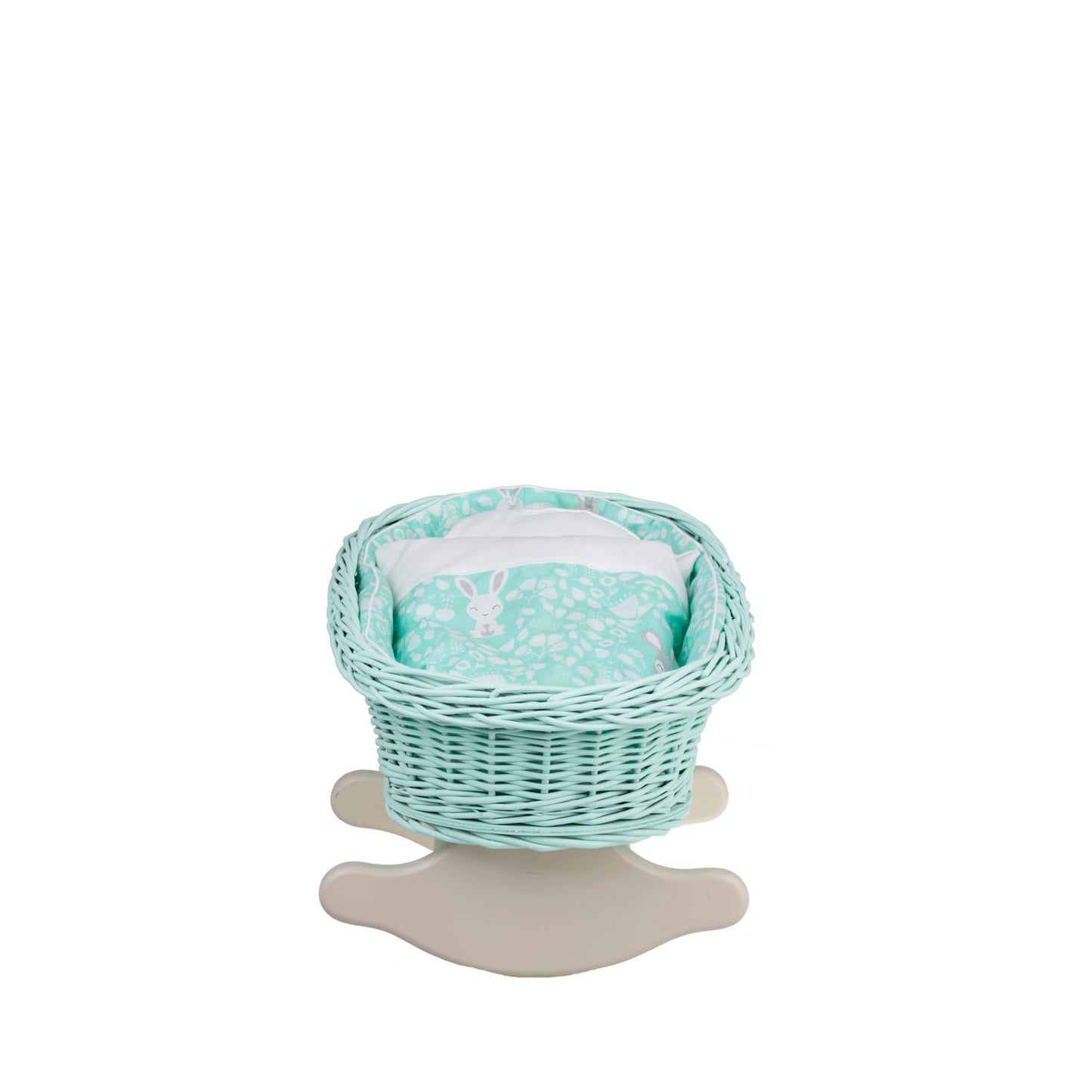 Mimi wiklinowa kołyska dla lalek z miętowym obszyciem, poduszką i kołderką TheWickerStories