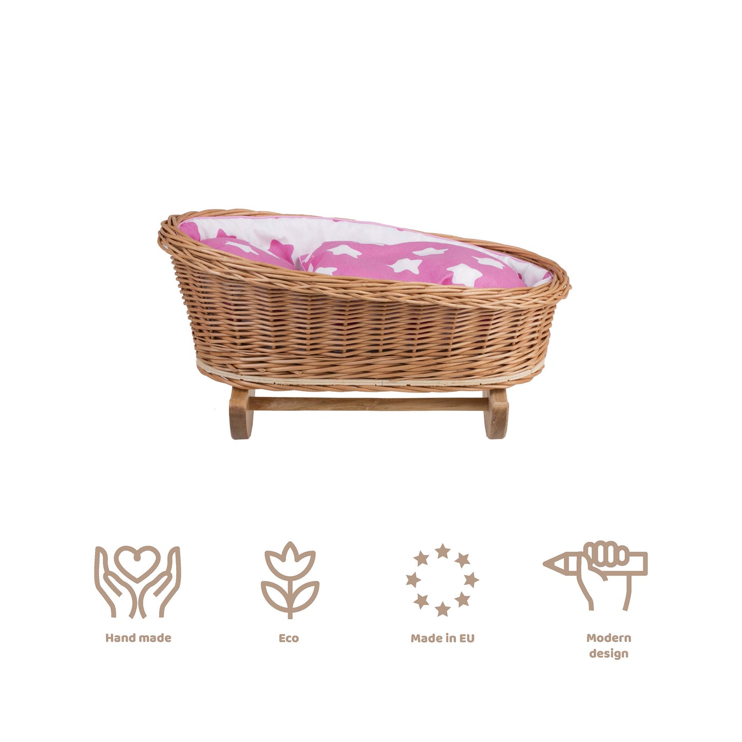 Mimi wiklinowa kołyska dla lalek z różowym obszyciem, poduszką i kołderką TheWickerStories