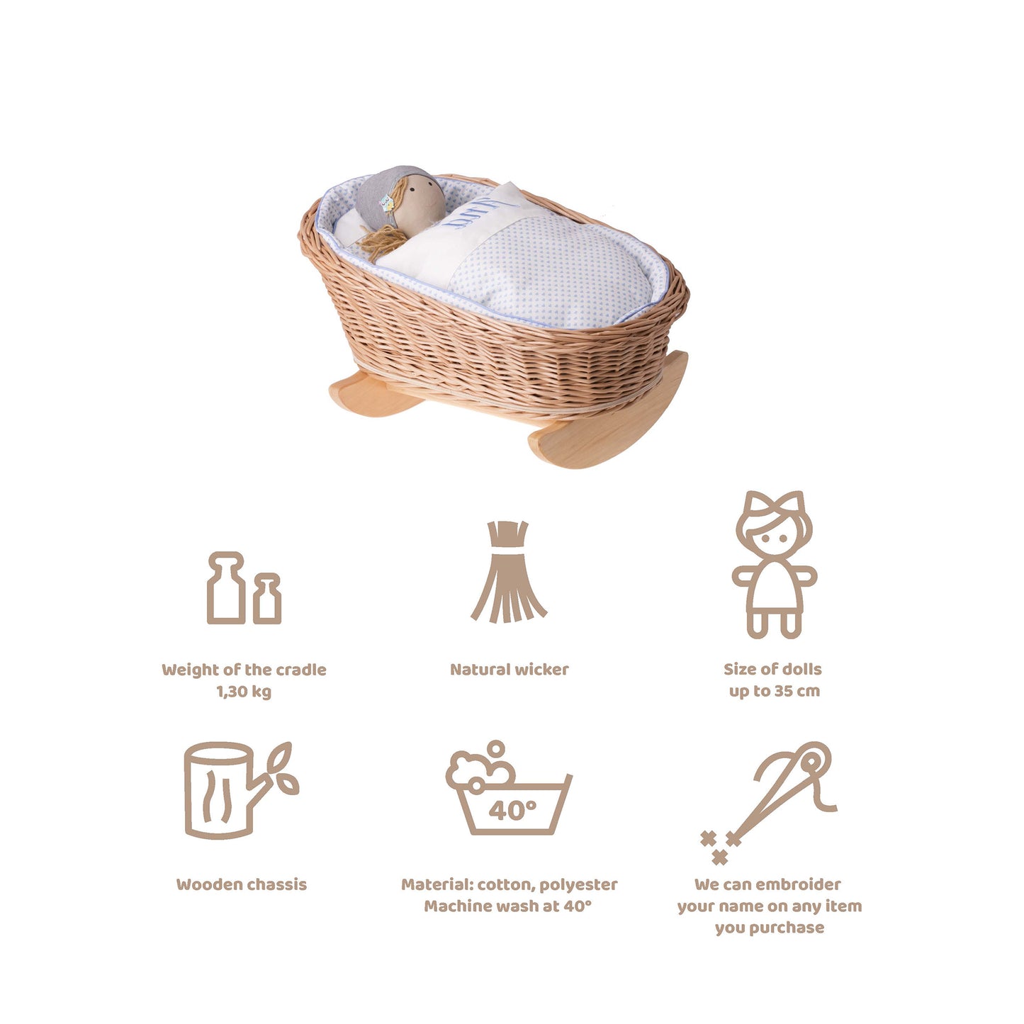 Mimi wiklinowa kołyska dla lalek z personalizacją, niebieskim obszyciem, poduszką i kołderką TheWickerStories