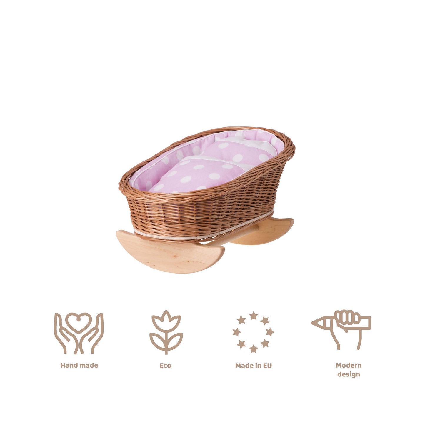 Mimi wiklinowa kołyska dla lalek z różowym obszyciem, poduszką i kołderką TheWickerStories