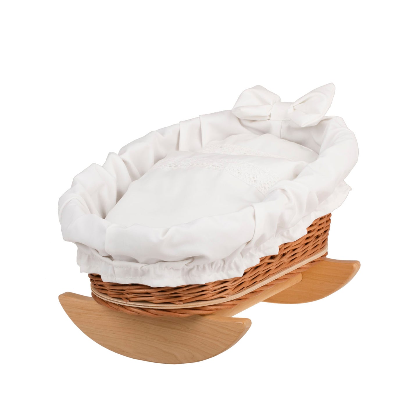 Mimi wiklinowa kołyska dla lalek z białym obszyciem, poduszką i kołderką TheWickerStories