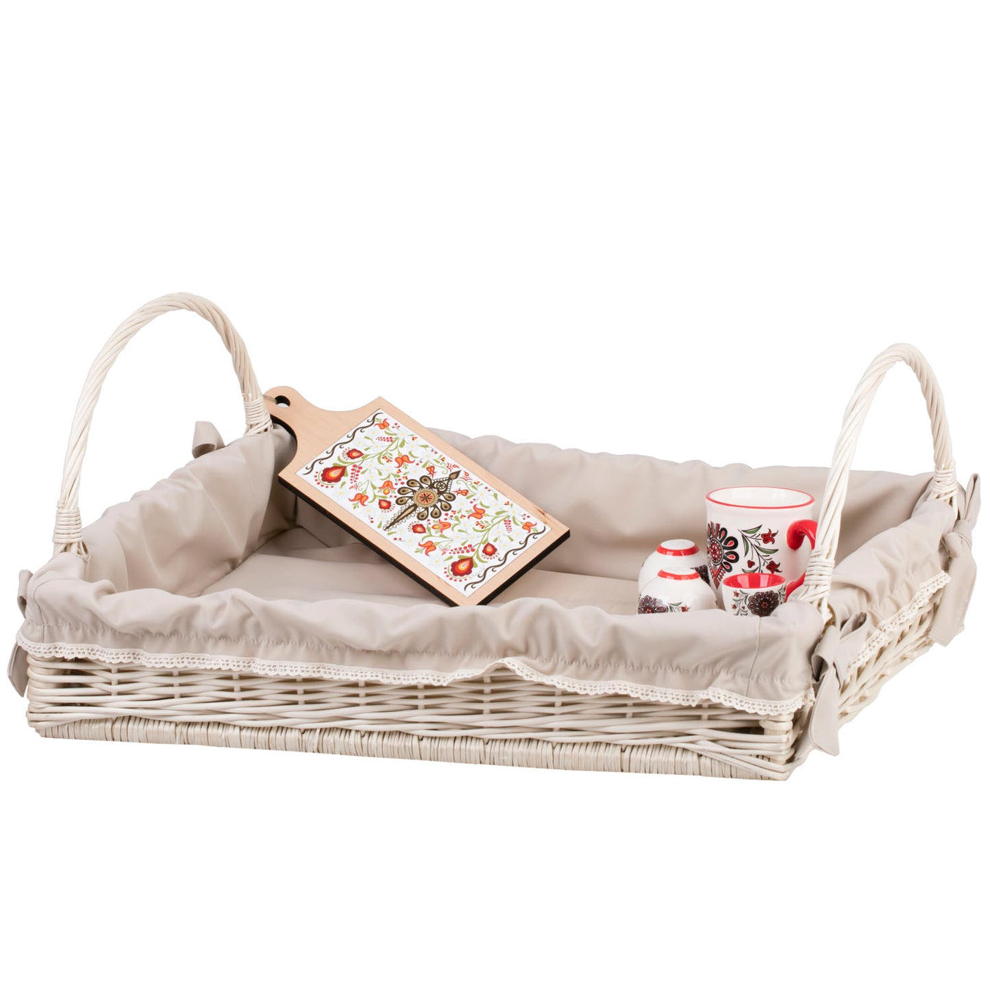 Allium wiklinowy kosz do serwowania z kremowym obszyciem, z uchwytami TheWickerStories